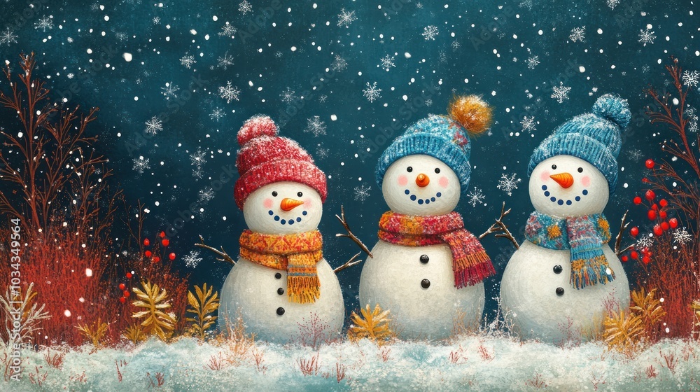 Three Cheerful Snowmen in Winter Wonderland Three Cheerful Snowmen in Winter Wonderland