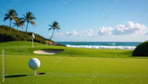 Coastal golf course with distant waves