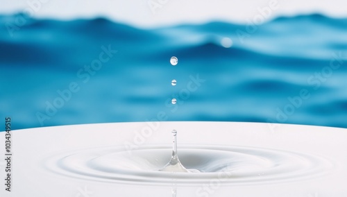 Isolated water droplets against a blue-toned abstract backdrop with hints of a water wave photo