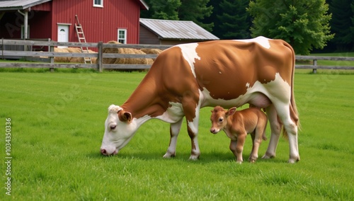 Farm-themed vector cartoon depicting a cow and calf grazing in a field with nearby barn ladder and haystack photo