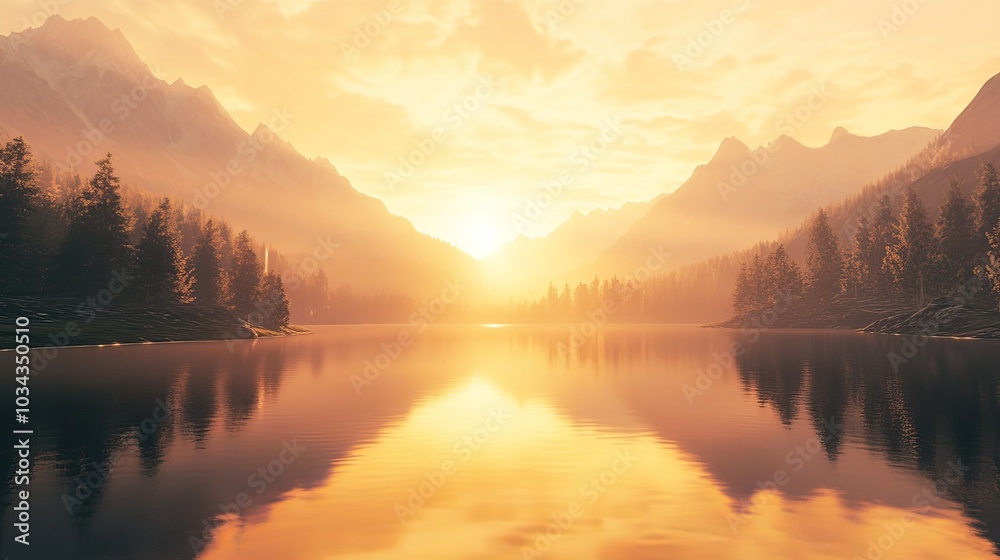 Serene mountain lake at sunset, golden light reflecting on water.