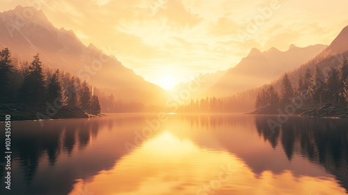 Serene mountain lake at sunset, golden light reflecting on water.