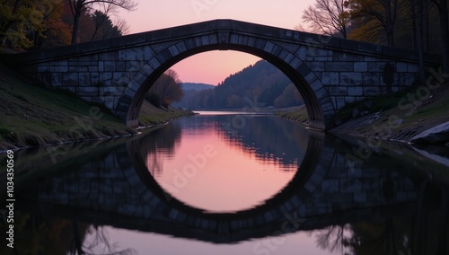 Stone bridge illuminated by soft pink light reflected on tranquil waters during twilight photo