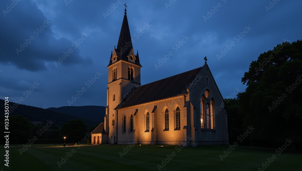 Stone church with tall spire glowing windows in a field at twilight Stone church with tall spire glowing windows in a field at twilight