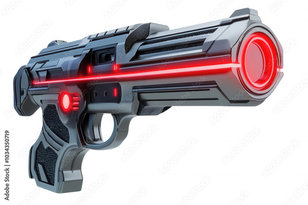 Futuristic laser gun with sleek design and glowing red accents, isolated on transparent or white background Futuristic laser gun with sleek design and glowing red accents, isolated on transparent or white background