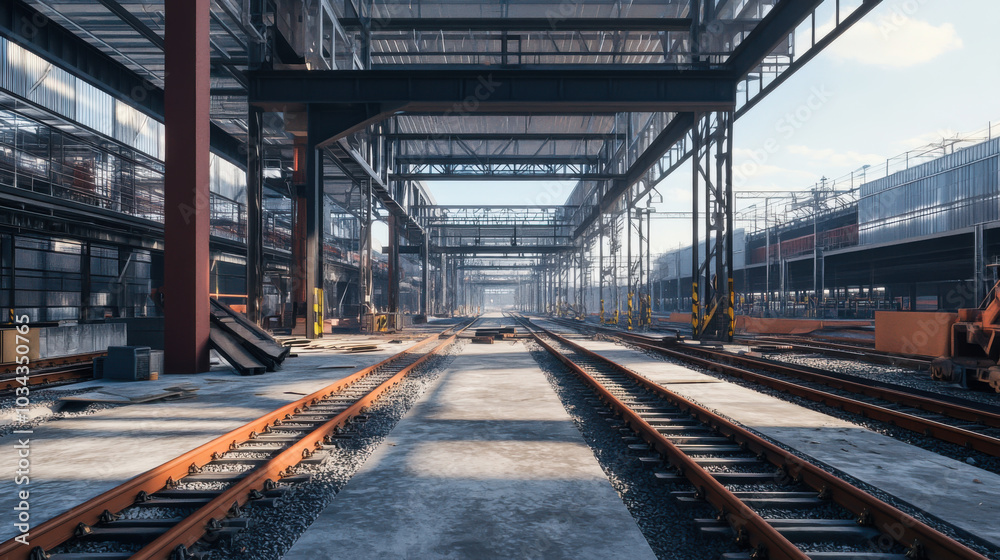 Construction progress of a modern railway station with extensive arches and tracks in bright daylight Construction progress of a modern railway station with extensive arches and tracks in bright daylight