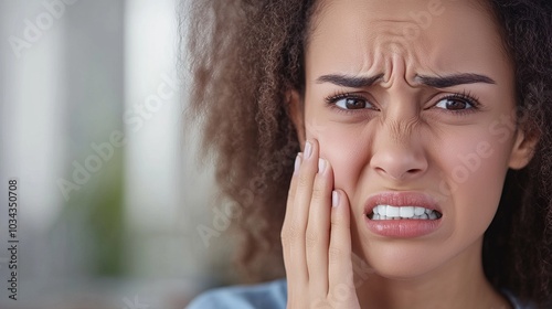 Woman Experiencing Toothache: A Close-Up Portrait of Pain photo