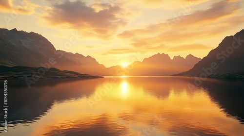 Serene mountain lake at sunset, golden light reflecting on water.