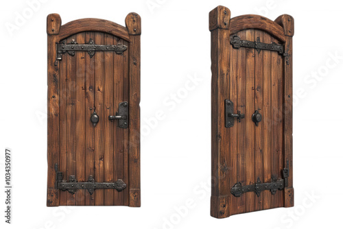 Rustic wooden door with iron accents, isolated on transparent or white background