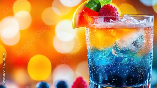 Close-up of a Blue and Orange Cocktail with a Raspberry and Orange Slice Garnish photo