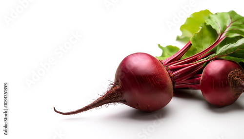 red beets with green leaves pattern on side position provides copy space for text. background concept isolated white