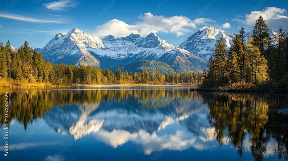 Serene mountain lake reflecting snow-capped peaks. Serene mountain lake reflecting snow-capped peaks.