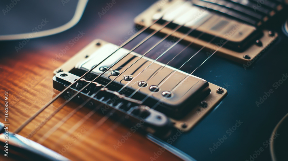 Fototapeta premium Close-up view of a sunburst electric guitar resting on a surface with warm lighting highlighting its polished finish and intricate details