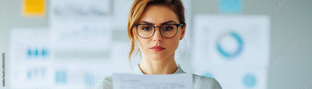A focused woman analyzes documents in a professional setting, surrounded by charts and graphs that suggest data-driven decision-making. A focused woman analyzes documents in a professional setting, surrounded by charts and graphs that suggest data-driven decision-making.