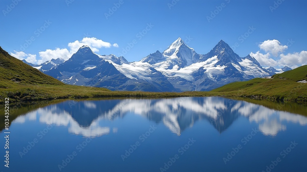Serene mountain lake reflecting snow-capped peaks. Serene mountain lake reflecting snow-capped peaks.