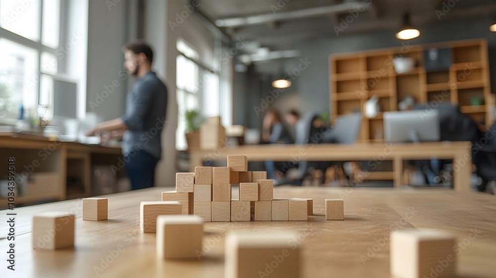 Wooden Blocks on a Desk in a Blurred Office Setting