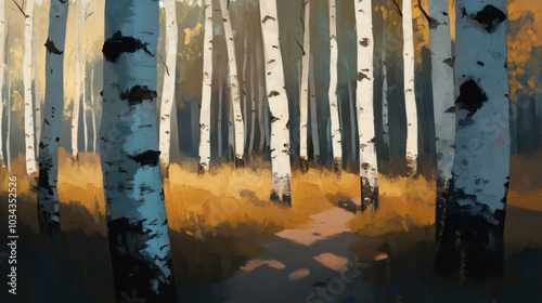 Russian landscape painting with birch forest