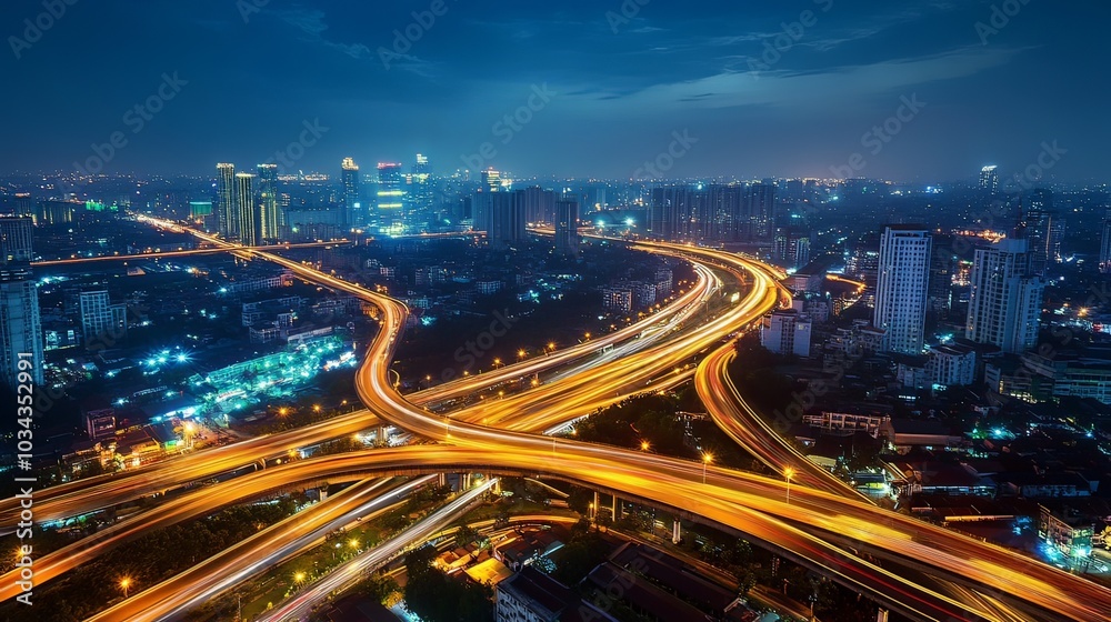 Stunning aerial view of illuminated highway light trails at night, showcasing dynamic movement and urban landscape. Perfect for concepts of speed, transportation, and modern infrastructure. Stunning aerial view of illuminated highway light trails at night, showcasing dynamic movement and urban landscape. Perfect for concepts of speed, transportation, and modern infrastructure.