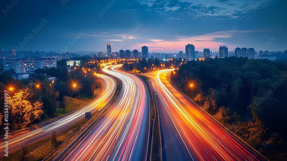 Stunning aerial view of illuminated highway light trails at night, showcasing dynamic movement and urban landscape. Perfect for concepts of speed, transportation, and modern infrastructure. Stunning aerial view of illuminated highway light trails at night, showcasing dynamic movement and urban landscape. Perfect for concepts of speed, transportation, and modern infrastructure.