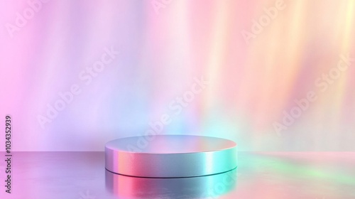 Empty round podium on holographic background