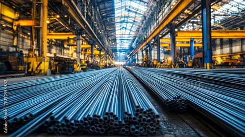 Steel rods neatly arranged in a large industrial warehouse with overhead lighting during daytime operations