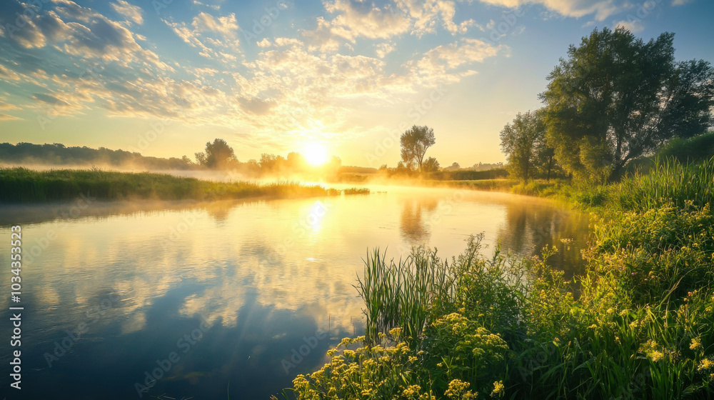 The sun rises gently over a winding river, illuminating the mist that hovers above lush green fields and trees, creating a peaceful early morning atmosphere.