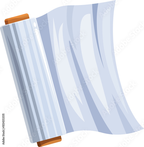 New roll of wrapping polyethylene foil for food storage is lying on white background