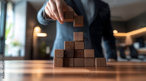 Person Building a Wooden Block Tower on a Table