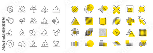 Durable fabric surface, ip68 protection and moisture proof. Design shape elements. Waterproof line icons. Water repellent, ip67 defense and rain line icons. Vector