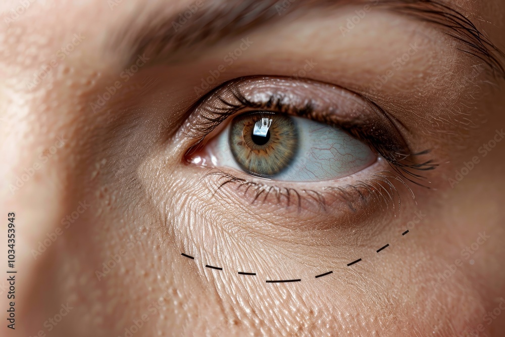 Obraz premium A detailed view of a human eye reveals fine lines and skin texture around the eyelid, emphasizing the natural signs of aging in bright daylight.