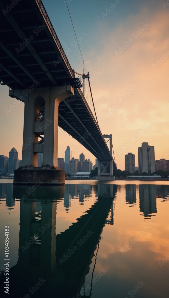 Naklejka premium City skyline reflects peacefully on tranquil waters under a bridge with an orange-blue sunset sky