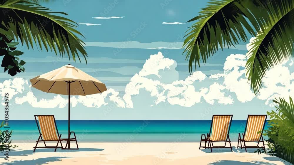Two chairs sit beneath a beach umbrella on a white sand beach, overlooking the turquoise ocean Two chairs sit beneath a beach umbrella on a white sand beach, overlooking the turquoise ocean