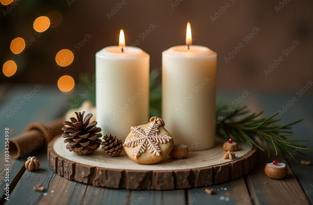 Christmas cookies and candles on a wooden background with bokeh lights Christmas cookies and candles on a wooden background with bokeh lights