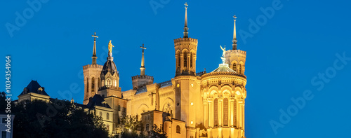 Fotografie famous view of Fourviere basilica in Lyon by night, France