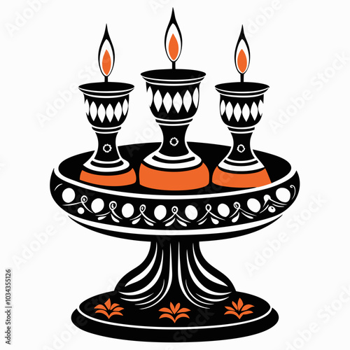 Elegant candle holder with lit candles, Kwanzaa celebration theme, warm glow, graphic design, black and orange