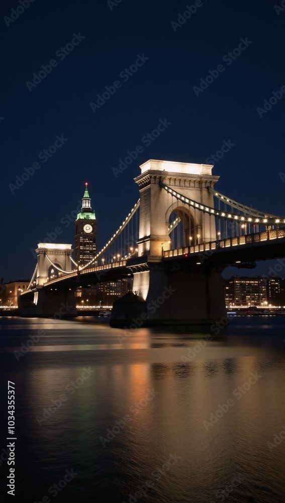 Fototapeta premium Cityscape featuring iconic bridge at night with shimmering reflections