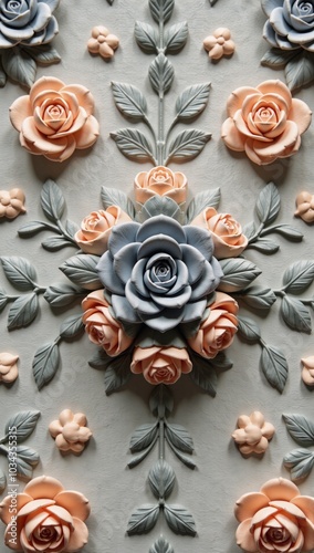 A detailed floral-themed drawing featuring a captivating arrangement of roses in soft shades of gray and peach