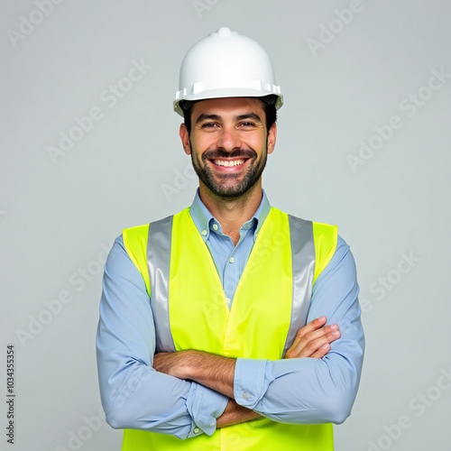 Trabalhador da construção civil engenheiro com colete e capacete para segurança 1