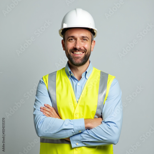 Trabalhador da construção civil engenheiro com colete e capacete para segurança 2