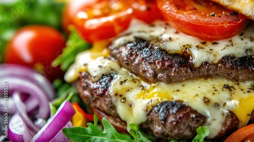 Close-up of a Double Cheeseburger with Melted Cheese and Tomato photo