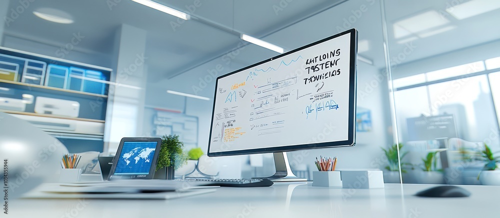 A clean office space with wireless devices a large monitor and a digital whiteboard displaying strategy notes A clean office space with wireless devices a large monitor and a digital whiteboard displaying strategy notes
