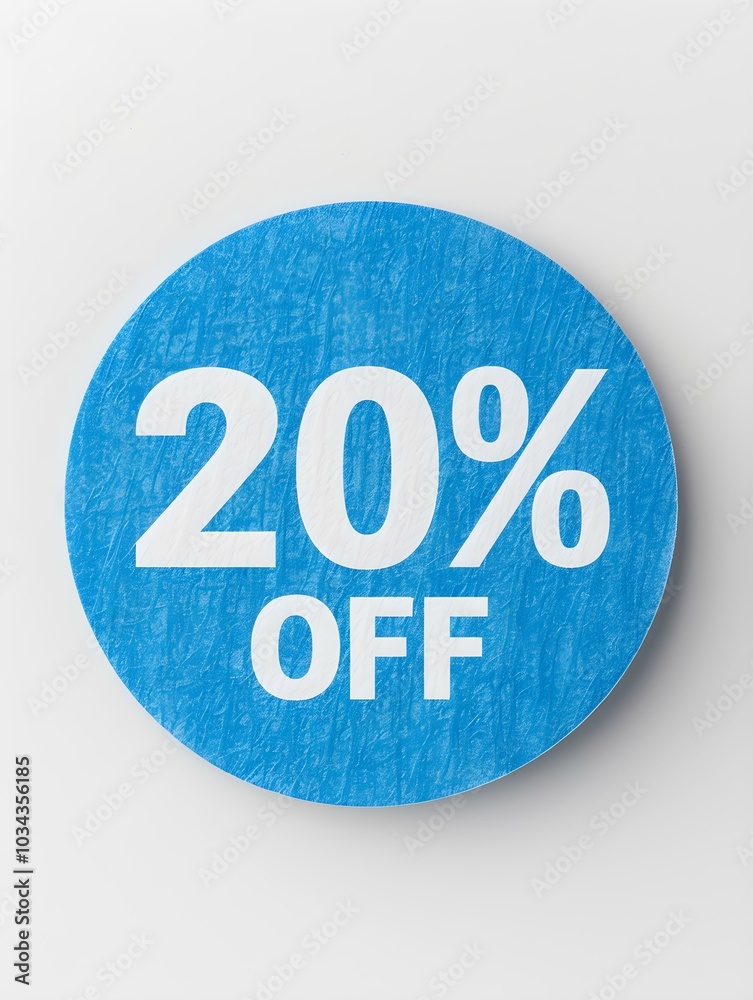White '20% OFF' Text on a Blue Round Paper Note. White Background White '20% OFF' Text on a Blue Round Paper Note. White Background