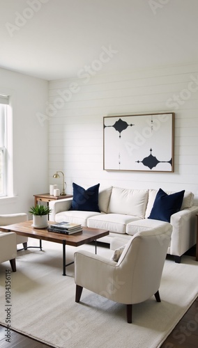 Wallpaper Mural Modern farmhouse-inspired contemporary living room whitewashed shiplap walls brass accents  neutral furnishings Torontodigital.ca