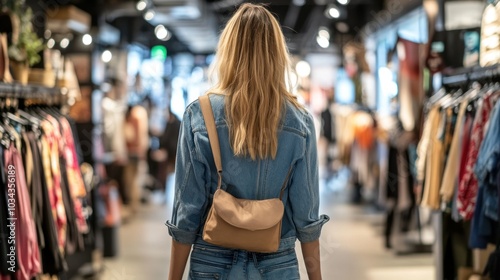 Woman with Long Blonde Hair Wearing a Denim Jacket Walks Through a Clothing Store