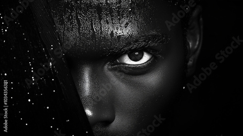 Striking close-up portrait of a black man’s face with dramatic lighting and water droplets