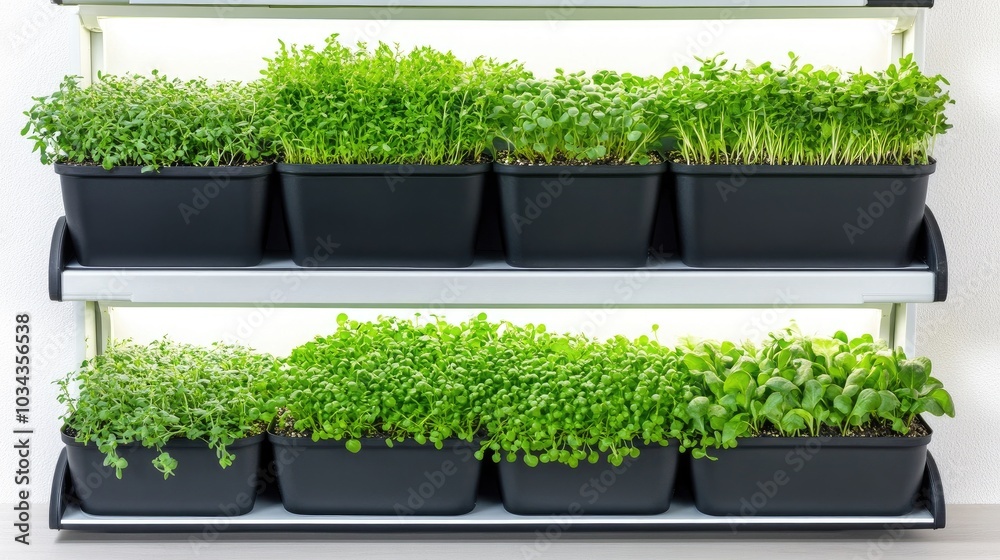 Fototapeta premium Various types of herbs and greens thrive in black pots, displayed on a rustic wooden crate under sunlight. The healthy plants are ready for harvesting