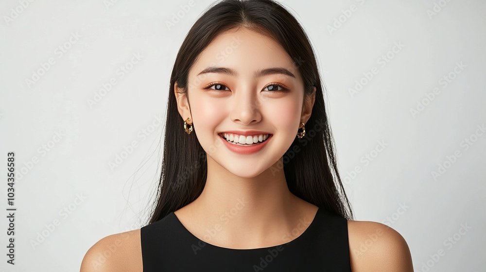 Smiling Woman Portrait - Beautiful Asian Model with Black Dress and Gold Earrings Smiling Woman Portrait - Beautiful Asian Model with Black Dress and Gold Earrings