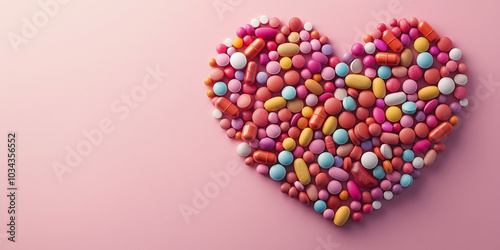 multi-colored tablets and capsules lie in the shape of a heart on a pink background