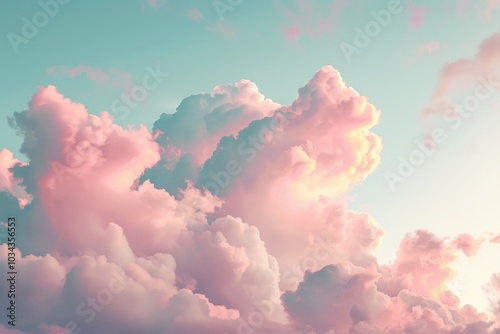 Pastel clouds fill the sky during sunset, creating a breathtaking display of pink and blue colors over a tranquil landscape, evoking a sense of peace. photo