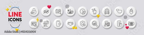 Touchscreen gesture, Handshake and Heart flame line icons. White buttons 3d icons. Pack of Phishing, Puzzle time, Seo analysis icon. Grill time, Bitcoin mining, Speech bubble pictogram. Vector